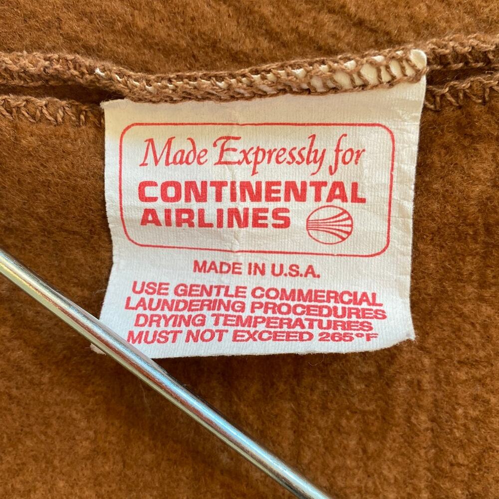 Vintage Continental Airlines Lap Blanket 42x38 Brown USA Made Airline Cabin 70s